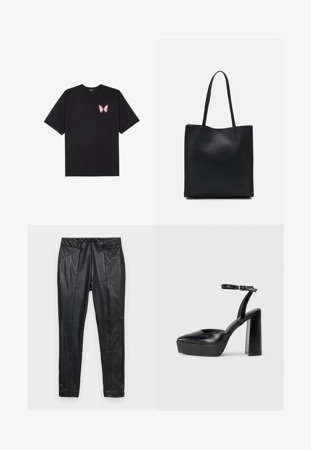 T-shirt de algodão preto com mangas curtas, apresentando um pequeno gráfico de borboleta rosa no lado esquerdo do peito. Design de gola redonda com um corte solto.; Calças de couro preta com corte justo, apresentando uma cintura elástica e dois bolsos frontais com detalhes cosidos. Acabamento suave e texturizado.; Saltos altos pretos com bico fino e atilho ajustável no tornozelo. Confeccionados em couro suave, apresentam um salto bloco robusto.; Bolsa tote preta em couro com textura lisa, forma retangular e duas alças longas. Sem hardware ou enfeites visíveis.