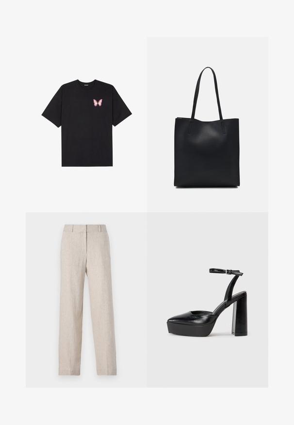 Melna kokvilnas T-krekls ar īsām piedurknēm, kuram priekšā kreisajā pusē ir neliels rozā tauriņa grafiskais attēls. Ar apaļu kaklu un brīvā stila piegriezumu.; Bēša lina bikses ar taisnu kāju dizainu, augstu jostu un izsmalcinātu tekstūru. Nav redzamu kabatu vai rotājumu.; Melnas platformas papēžs ar norādītu purngala formu un regulējamu potītes siksniņu. Izgatavotas no gludas ādas, ar masīvu bloku papēdi.; Melnas ādas somiņa ar gludu tekstūru, taisnstūra formu un divām garām rokturiem. Nav redzamu aparatūras vai rotājumu.