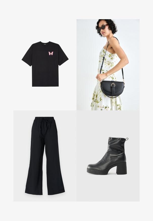 Melna kokvilnas T-krekls ar īsām piedurknēm, kuram priekšā kreisajā pusē ir neliels rozā tauriņa grafiskais attēls. Ar apaļu kaklu un brīvā stila piegriezumu.; Melni platajā kāju bikses, izgatavotas no viegla auduma, ar elastīgu jostu un auklu, kā arī gludu faktūru.; Melni potītes zābaki, kas izgatavoti no gludas ādas, ar sānu rāvējslēdzēju, masīvu strukturētu papēdi un noapaļotu purngalu.; Melnas ādas rokassoma ar izliekta formu, noņemamu siksnu un zelta aksesuāriem. Somai ir vāciņš ar sprādzes detaļu.