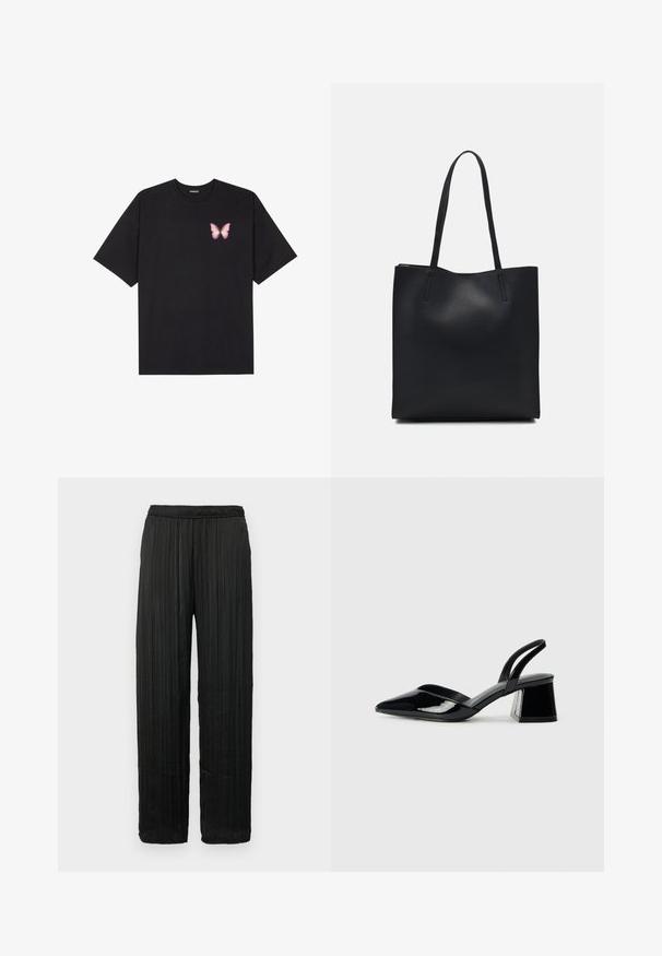Μαύρο βαμβακερό μπλουζάκι με κοντά μανίκια, διαθέτοντας ένα μικρό ροζ γραφικό πεταλούδας στο αριστερό στήθος. Σχέδιο με στρογγυλή λαιμόκοψη και άνετη εφαρμογή.; GAP CRINKLE PULL ON - Παντελόνι - black; Μαύρα πατεντέ δερμάτινα γοβάκια slingback με μυτερή μύτη και γεωμετρικό τακούνι. Έχουν κομψό, μινιμαλιστικό σχέδιο και λεία υφή.; Μαύρη δερμάτινη τσάντα tote με λείο υφή, ορθογώνιο σχήμα και δύο μακριές λαβές. Χωρίς ορατό υλικό ή διακοσμητικά στοιχεία.