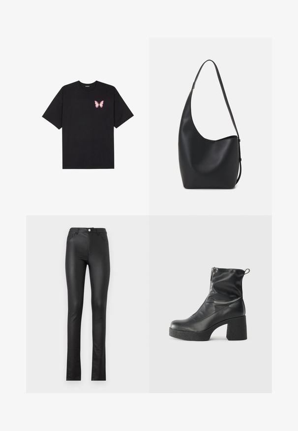 Crna pamučna majica s kratkim rukavima, s malim grafičkim prikazom ružičaste vjetricaste s desne strane na prsima. Dizajn s okruglim izrezom i opuštenim krojem.; Crne hlače od umjetne kože slim kroja, s prednjim zatvaranjem na dugme, dva prednja džepa i lagano proširenim rubom na dnu.; Crne gležnjače od glatke kože, s bočnim zatvaračem, debelim teksturiranim potplatom i dizajnom s zaobljenim prstima.; Crna kožna hobo torba s glatkom teksturom, zakrivljenim oblikom i jednom podesivom trakicom; ima širok otvor na vrhu.