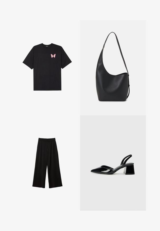 Schwarzes Baumwoll-T-Shirt mit kurzen Ärmeln, das ein kleines pinkes Schmetterlingsmotiv auf der linken Brust zeigt. Crewneck-Design mit einem entspannten Schnitt.; Schwarze weit geschnittene Hosen mit hoher Taille, die Falten, eine glatte Textur und keine sichtbaren Taschen oder Verzierungen aufweisen.; Schwarze Lackleder-Slingback-High Heels mit spitzem Schuh und einem geometrischen Blockabsatz. Verfügt über ein schlankes, minimalistisches Design und eine glatte Textur.; Schwarze Leder-Hobo-Tasche mit einer glatten Textur, geschwungener Form und einem einzelnen verstellbaren Tragegurt; verfügt über eine weite Öffnung am oberen Ende.
