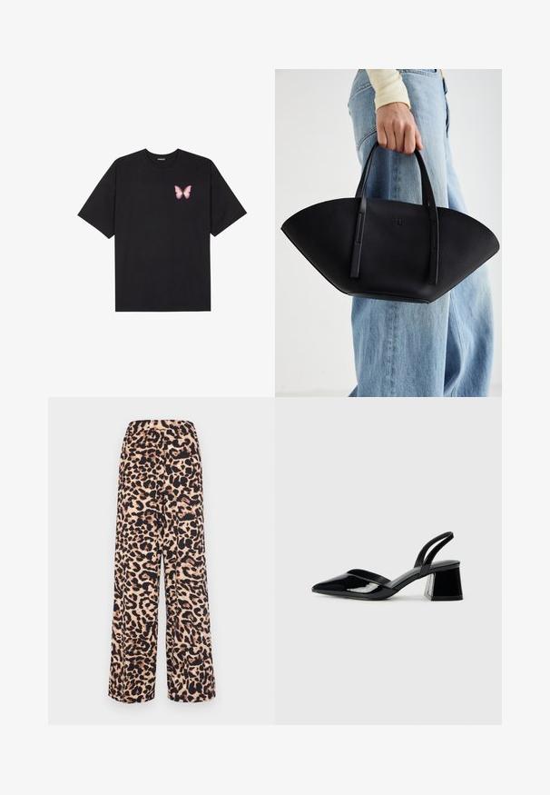 Čierne bavlnené tričko s krátkymi rukávmi, s malým ružovým motýlikom na ľavej hrudi. Design s okrúhlym výstrihom a uvoľneným strihom.; Široké nohavice vyrobené z mäkkej tkaniny s leopardím vzorom v teplej béžovej a tmavohnedej farbe, s elastickým pásom pre pohodlie.; Čierne lakované kožené sandálové podpätky s špicatou špičkou a geometrickým blokovým podpätkom. Disponujú elegantným, minimalistickým dizajnom a hladkým povrchom.; Čierna kožená kabelka s jedinečným tvarom ventilátora, so plochými držadlami. Povrch má štruktúru s brúseným efektom a minimalistic design.