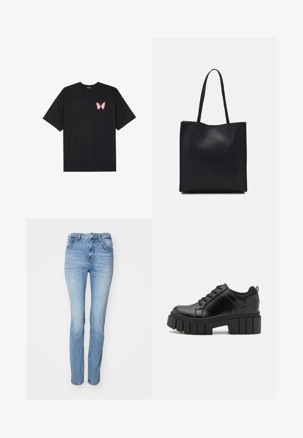 T-shirt de algodão preto com mangas curtas, apresentando um pequeno gráfico de borboleta rosa no lado esquerdo do peito. Design de gola redonda com um corte solto.; Jeans de denim azul claro com um design de perna reta. Apresenta um styling de cinco bolsos, fecho por botão e descoloração subtil no tecido.; Sapatos de plataforma em couro preto com um salto bloco robusto, bico redondo e design clássico de atacadores. Apresentam uma textura suave e detalhes mínimos.; Bolsa tote preta em couro com textura lisa, forma retangular e duas alças longas. Sem hardware ou enfeites visíveis.