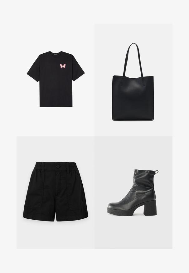 Čierne bavlnené tričko s krátkymi rukávmi, s malým ružovým motýlikom na ľavej hrudi. Design s okrúhlym výstrihom a uvoľneným strihom.; Čierne bavlnené šortky s elastickým pásom a gombíkovým zapínaním, s dvoma prednými vreckami a rovný strih. Hladká textúra.; Čierne členkové topánky z hladkej kože, so bočným zipsom, robustnou textúrovanou pätnou časťou a zaobleným dizajnom špičky.; Čierna kožená taška na rameno s hladkým povrchom, obdĺžnikovým tvarom a dvoma dlhými uchami. Bez viditeľného kovania alebo ozdôb.