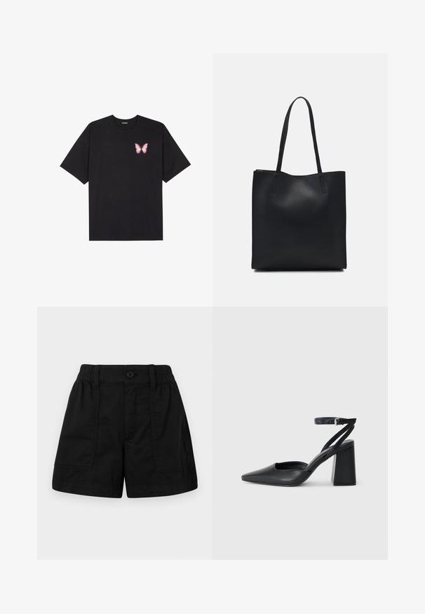 Tricou negru din bumbac cu mâneci scurte, având pe partea stângă a pieptului un mic grafic cu un fluture roz. Design cu guler rotund și croială lejeră.; Șorturi negre din bumbac cu talie elastică și închidere cu nasture, având două buzunare frontale și o croială dreaptă. Textură netedă.; Pantofii cu toc ascuțit din piele neagră, cu breteaua pentru glezne și toc gros. Textură netedă, design elegant și estetică minimală.; Geantă tote neagră din piele, cu textură netedă, formă rectangulară și două mânere lungi. Fără hardware vizibil sau ornamente.