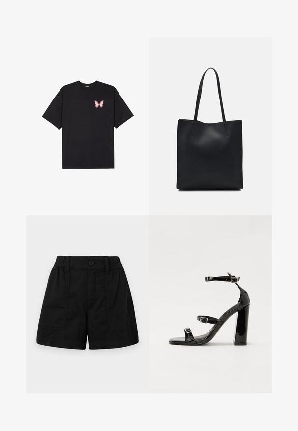 T-shirt nera in cotone con maniche corte, caratterizzata da una piccola grafica di una farfalla rosa sul lato sinistro del petto. Design a girocollo con una vestibilità rilassata.; Pantaloni shorts neri in cotone con vita elastica e chiusura con bottone, dotati di due tasche anteriori e taglio diritto. Texture liscia.; Sandali con tacco in vernice nera, con punta squadrata, cinturini alla caviglia e fibbie in argento. Presentano un tacco a blocco spesso per maggiore stabilità.; Borsa tote in pelle nera con texture liscia, forma rettangolare e due manici lunghi. Nessun hardware o decorazione visibile.