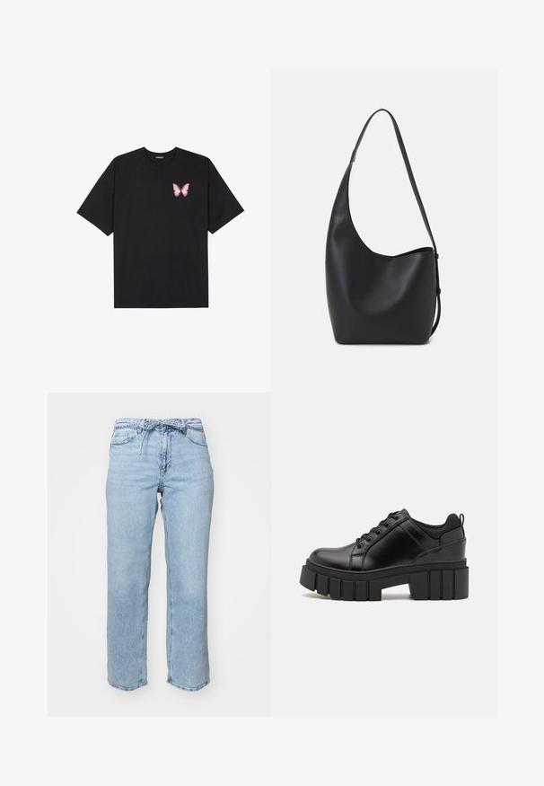 Fekete pamut póló rövid ujjakkal, bal mellkason egy kis rózsaszín pillangó grafikával. Kerek nyakú kialakítás, laza fazonnal.; Világoskék farmernadrág, laza egyenes szabással, öt zsebbel és övlyukkal ellátott derékkal. Megviselt hatás, finom kopásokkal.; Fekete bőr platform cipők vaskos blokk sarkakkal, kerek orral és hagyományos fűzős kialakítással. Simára csiszolt felület és minimális részletezés jellemzi.; Fekete bőr hobo táska sima textúrával, ívelt formával és egyetlen állítható pánttal; széles nyílás található a tetején.