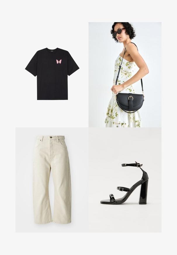 Juodas medvilnės marškinėliai trumpomis rankovėmis, su maža rožine drugelio grafika kairėje krūtinės pusėje. Apvalus kaklo iškirpimas, laisvas kirpimas.; Bežinės plačios kojų džinsai, pagaminti iš medvilnės denimo, su aukštu liemeniu, penkiais kišenėmis ir subtilia išblukusia tekstūra. Brass mygtuko uždarymas.; Juoda blizgi lakuota basutė su kvadratiniu pirštu, kulkšnies dirželiais ir sidabro sagtimis. Yra tvirta blokinė kulno konstrukcija, užtikrinanti stabilumą.; Juodas odinis krepšys su išlenkta forma, nuimamu dirželiu ir auksiniais detalėmis. Krepšys turi kilpą su sagtimi.