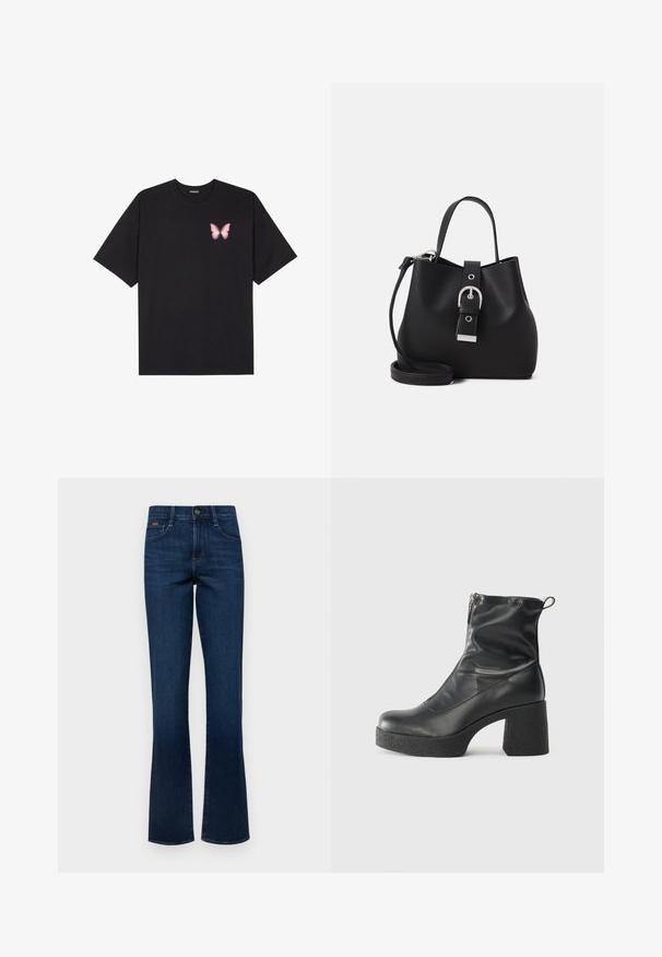 Juodas medvilnės marškinėliai trumpomis rankovėmis, su maža rožine drugelio grafika kairėje krūtinės pusėje. Apvalus kaklo iškirpimas, laisvas kirpimas.; Tamsiai mėlynos džinsinės platėjančios kelnės su klasikiniu penkių kišenių dizainu, matoma siūlė ir mygtuko užsegimas juosmens srityje.; Juodos kulkšninių botai, pagaminti iš lygaus odos, su šoniniu užtrauktuku, masyviu tekstūruotu kulnu ir apvaliu pirštu.; Juoda kibiro formos rankinė, pagaminta iš lygaus odos, pasižyminti struktūrizuota forma, trumpa rankena ir nuimamu peties diržu. Sidabrinės sagties detalė.