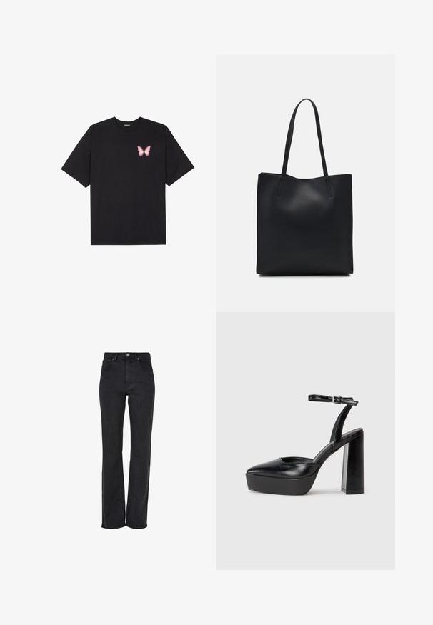 Must muströöpidega must puuvillane T-särk, vasakul rinnal on väike roosa liblikas. Ümar kaelus ja vabalt istuv lõige.; Mustad sirge lõikega teksapüksid, kõrge vöökohaga, valmistatud denimist, millel on ees nööbiga sulgemine ja viie tasku disain koos peente õmblusdetailidega.; Mustad platvormi kontsad terava ninaga ja reguleeritava pahkluuraamiga. Valmistatud siledast nahast, funktsioneerib massiivse plokknäheeliga.; Mustast nahast kott sujuva tekstuuriga, ristkülikukujuline ja kahe pika sangaga. Pole nähtavat riistvara ega kaunistusi.