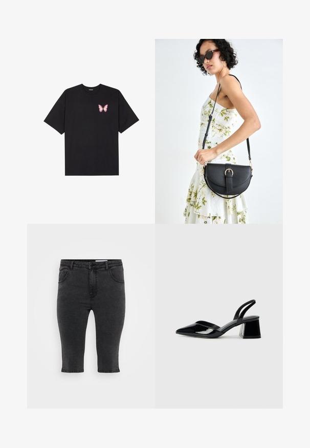 Melna kokvilnas T-krekls ar īsām piedurknēm, kuram priekšā kreisajā pusē ir neliels rozā tauriņa grafiskais attēls. Ar apaļu kaklu un brīvā stila piegriezumu.; Melnas džinsu capri bikses ar taisnu griezumu, piecām kabatām un tonā saskaņotu diegu. Audumam ir neliela tekstūra un klasiskā dizaina iezīmes.; Melna lakota āda ar atvērto papēdi, ar smailu purngalu un ģeometrisku blokpapēdi. Iezīmējas elegants, minimāls dizains un gluda tekstūra.; Melnas ādas rokassoma ar izliekta formu, noņemamu siksnu un zelta aksesuāriem. Somai ir vāciņš ar sprādzes detaļu.