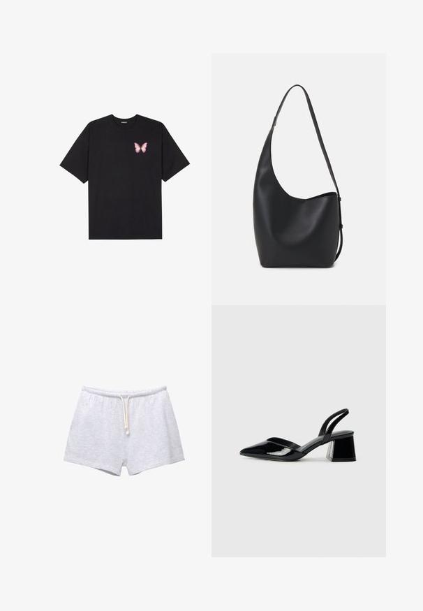 Svart bomullströja med korta ärmar, med en liten rosa fjärilsgrafik på vänster bröst. Rundad halsdesign med en avslappnad passform.; Grå bomullsshorts med elastisk midja och snörning. Slät struktur och enkel design, utan mönster eller detaljer.; Svarta lackläder slingback klackar med spetsig tå och geometrisk klack. Har en elegant, minimalistisk design och slät yta.; Svart läder hobo-väska med en slät textur, kurvig form och en justerbar axelrem; har en bred öppning upptill.