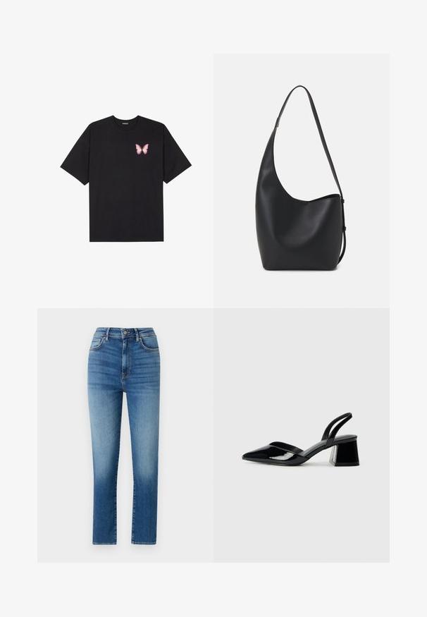 Melna kokvilnas T-krekls ar īsām piedurknēm, kuram priekšā kreisajā pusē ir neliels rozā tauriņa grafiskais attēls. Ar apaļu kaklu un brīvā stila piegriezumu.; Augsta jostas zila džinsa bikses, kas izgatavotas no denima, ar taisnu kāju griezumu, piecām kabatām un vieglu nodilumu, lai piešķirtu tekstūru un detaļas.; Melna lakota āda ar atvērto papēdi, ar smailu purngalu un ģeometrisku blokpapēdi. Iezīmējas elegants, minimāls dizains un gluda tekstūra.; Melnas ādas hobo soma ar gludu tekstūru, izliekta forma un vienu regulējamu jostu; augšā ir plaša atvere.