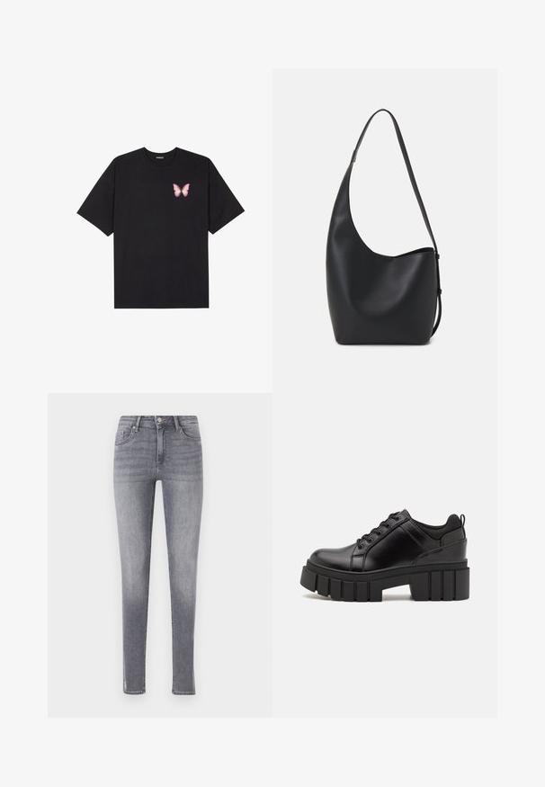 Μαύρο βαμβακερό μπλουζάκι με κοντά μανίκια, διαθέτοντας ένα μικρό ροζ γραφικό πεταλούδας στο αριστερό στήθος. Σχέδιο με στρογγυλή λαιμόκοψη και άνετη εφαρμογή.; ONLY ONLBLUSH RHINESTONE - Jeans Skinny Fit - medium grey denim; Μαύρα δερμάτινα παπούτσια πλατφόρμας με παχύ μπλοκ τακούνι, στρογγυλή μύτη και παραδοσιακό σχέδιο δέσιμο. Διαθέτουν λεία υφή και ελάχιστες λεπτομέρειες.; Μαύρη δερμάτινη tote τσάντα με λείο υφή, καμπύλο σχήμα και μία ρυθμιζόμενη ζώνη. Διαθέτει μεγάλη άνοιγμα στην κορυφή.