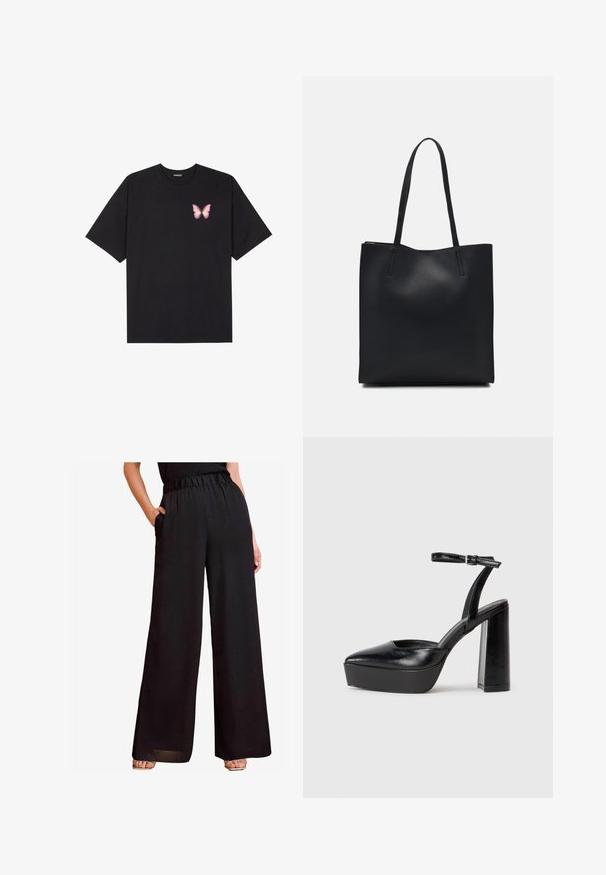 Melna kokvilnas T-krekls ar īsām piedurknēm, kuram priekšā kreisajā pusē ir neliels rozā tauriņa grafiskais attēls. Ar apaļu kaklu un brīvā stila piegriezumu.; Melnas platās bikses ar brīvu elastīgu jostu, sānu kabatām un gludu, vieglu audumu, kas eleganti krīt.; Melnas platformas papēžs ar norādītu purngala formu un regulējamu potītes siksniņu. Izgatavotas no gludas ādas, ar masīvu bloku papēdi.; Melnas ādas somiņa ar gludu tekstūru, taisnstūra formu un divām garām rokturiem. Nav redzamu aparatūras vai rotājumu.