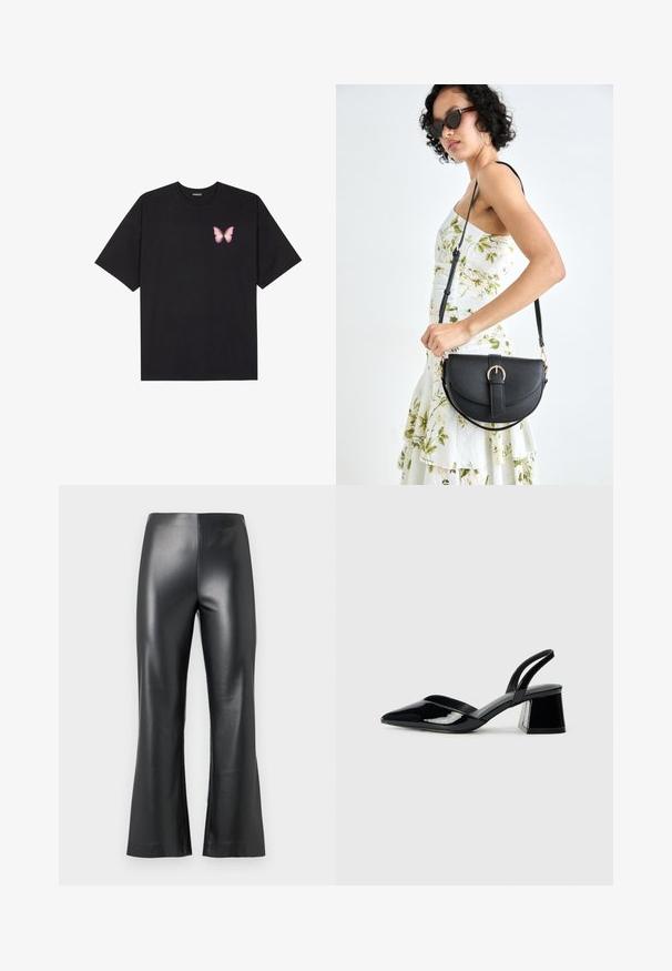 Černé bavlněné tričko s krátkým rukávem, na levém prsou s malou grafikou růžové motýlky. Design s kruhovým výstřihem a volným střihem.; Černé kalhoty z umělé kůže se širokými nohavicemi, které mají hladkou, lesklou texturu a vysoký pas. Jednoduchý a elegantní vzhled.; Černé lakované kožené lodičky na pásku s špičatou špičkou a geometrickým blokovým podpatkem. Vyznačují se elegantním, minimalistickým designem a hladkým povrchem.; Černá kožená kabelka s křivkovým tvarem, odnímatelným popruhem a zlatými detaily. Kabelka má klopu s přezkou.