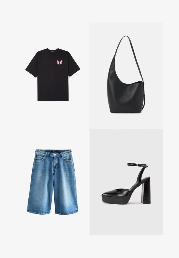 Černé bavlněné tričko s krátkým rukávem, na levém prsou s malou grafikou růžové motýlky. Design s kruhovým výstřihem a volným střihem.; Next Džínové kraťasy - dark blue; Černé platformové podpatky s špičatou špičkou a nastavitelným kotníkovým popruhem. Vyrobeny z hladké kůže, s masivním blokovým podpatkem.; Černá kožená hobo taška s hladkým povrchem, zakřiveným tvarem a jedním nastavitelným popruhem; má široké otevírání nahoře.