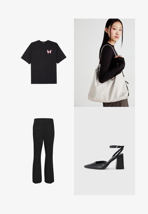 Zwarte katoenen t-shirt met korte mouwen, voorzien van een kleine roze vlinder graphic op de linkerkant van de borst. Crew neck ontwerp met een relaxte fit.; Zwarte broek van gladde stof, met een recht model, een platte voorkant en zijzakken. Geen zichtbare patronen of accenten.; Zwarte leren puntige pump met een enkelbandje en een chunky hak. Vlakke textuur, strakke vormgeving en minimalistische esthetiek.; Beige handtas gemaakt van zacht materiaal, met een slonzig ontwerp, gestikte details en twee schouderbanden. Geschikt voor dagelijks gebruik.