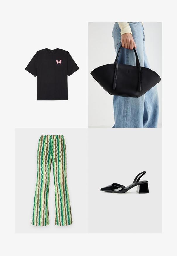 Juodas medvilnės marškinėliai trumpomis rankovėmis, su maža rožine drugelio grafika kairėje krūtinės pusėje. Apvalus kaklo iškirpimas, laisvas kirpimas.; Megzto flared kelnės, puoštos zigzagų raštu žalios, rudos ir kreminės spalvų atspalviais; elastinga juosmens juosta; tekstūruotas paviršius.; Juodos lakuotos odinės šlepetės su smailiu pirštu ir geometriniu bloko kulnu. Turi elegantišką, minimalistinį dizainą ir lygų paviršių.; Juodas odinis rankinis uždangalas unikaliu ventiliatoriaus formos dizainu, turintis plokščias rankenas. Paviršius turi akmeninė tekstūrą ir minimalistišką dizainą.