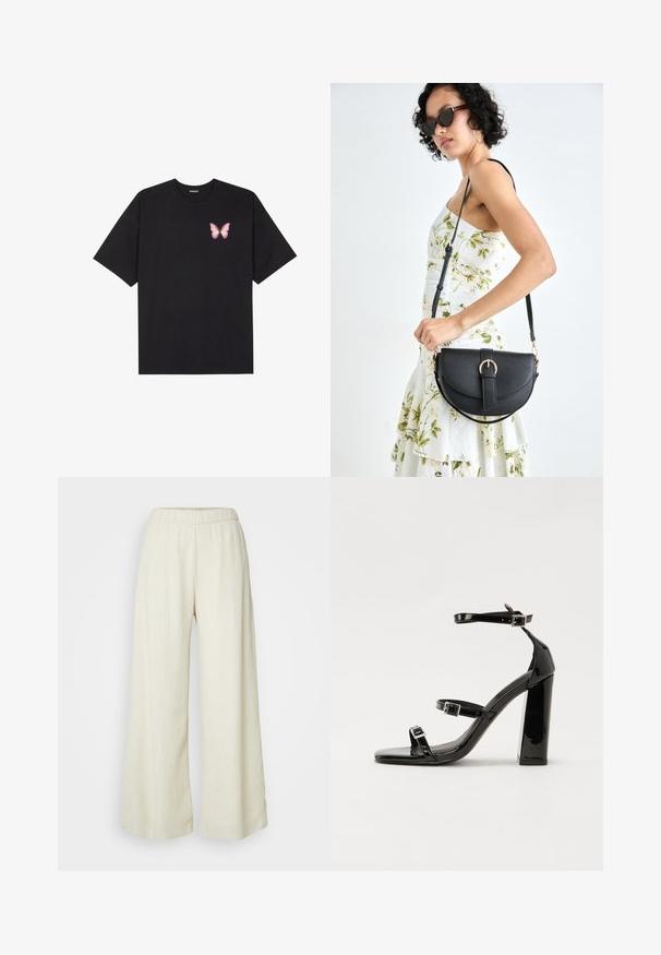Čierne bavlnené tričko s krátkymi rukávmi, s malým ružovým motýlikom na ľavej hrudi. Design s okrúhlym výstrihom a uvoľneným strihom.; Pohodlné nohavice s širokými nohavicami z texturovanej krémovej látky. Majú elastický pás a voľný strih. Vhodné na neformálne nosenie.; Čierne lakované sandále na podpätku so štvorcovou špičkou, navlečenými remienkami okolo členku a striebornými prackami. Disponujú masívnym blokovým podpätkom pre stabilitu.; Čierna kožená kabelka s zaobleným tvarom, odnímateľným popruhom a zlatými doplnkami. Kabelka má klopu s detailom s prackou.