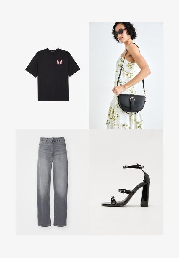 Black cotton t-shirt with short sleeves, featuring a small pink butterfly graphic on the left chest. Crew neck design with a relaxed fit.; Weekday RAIL MID LOOSE STRAIGHT - Straight leg jeans - misty grey; Black patent high-heeled sandals with two buckle straps, square toe, and a chunky block heel, featuring a smooth, glossy texture.; Black leather handbag with a curved shape, detachable strap, and gold hardware. The bag features a flap with a buckle detail.