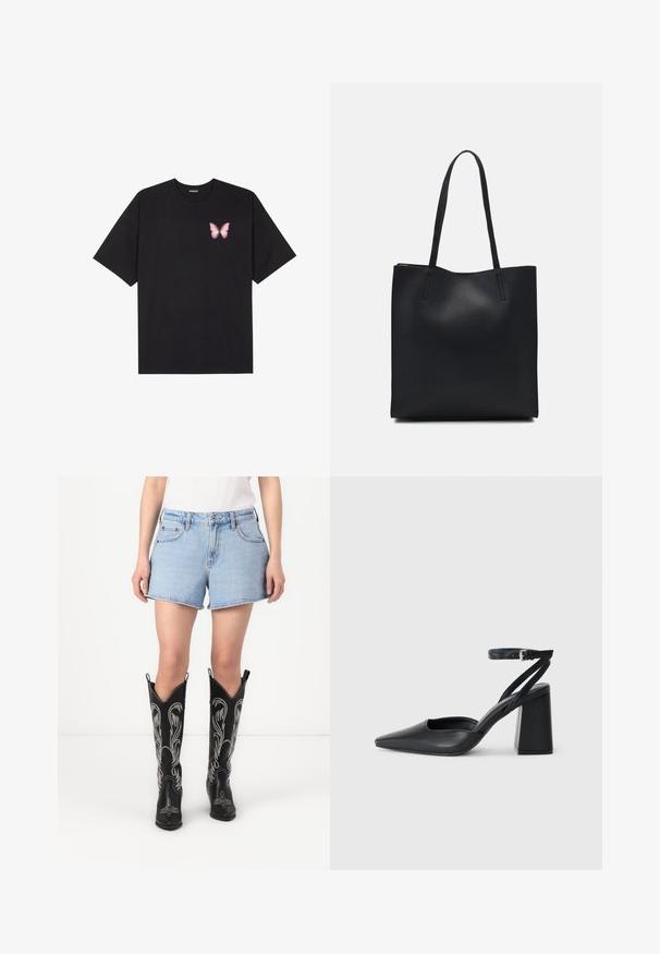 Black cotton t-shirt with short sleeves, featuring a small pink butterfly graphic on the left chest. Crew neck design with a relaxed fit.; Blue denim shorts with a classic cut, paired with black leather cowboy boots featuring white embroidered patterns and pointed toes.; Black leather pointy-toe pump with an ankle strap and a chunky heel. Flat texture, sleek design, and minimalistic aesthetics.; Black leather tote bag with smooth texture, rectangular shape, and two long handles. No visible hardware or embellishments.