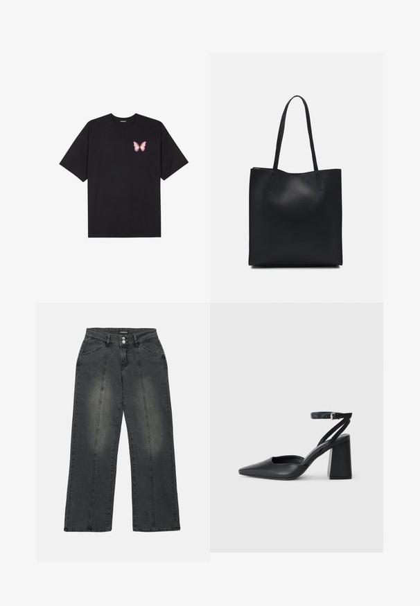 Čierne bavlnené tričko s krátkymi rukávmi, s malým ružovým motýlikom na ľavej hrudi. Design s okrúhlym výstrihom a uvoľneným strihom.; Široké džínsy z tmavošedej denimu, s vysokým pásom, dvojitými prednými vreckami, stredovými švami a jemným vyblednutím na látke.; Čierne kožené lodičky s špicatou špičkou a členkovým remienkom, s masívnym podpätkom. Hladký povrch, elegantný dizajn a minimalistická estetika.; Čierna kožená taška na rameno s hladkým povrchom, obdĺžnikovým tvarom a dvoma dlhými uchami. Bez viditeľného kovania alebo ozdôb.