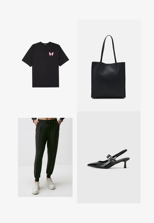 Czarny bawełniany t-shirt z krótkim rękawem, z małym różowym motylkiem na lewej piersi. Klasyczny dekolt z luźnym fasonem.; Ciemnozielone spodnie dresowe z gumką w talii, zwężanymi mankietami, kieszeniami bocznymi i miękką teksturą materiału, w zestawie z białymi sneakersami.; Czarne lakierowane szpilki slingback z wąskim noskiem i małym słupkiem, z ozdobnym srebrnym klamrą na pasku.; Czarna skórzana torba tote o gładkiej fakturze, prostokątnym kształcie i dwóch długich uchwytach. Brak widocznych elementów metalowych i ozdób.