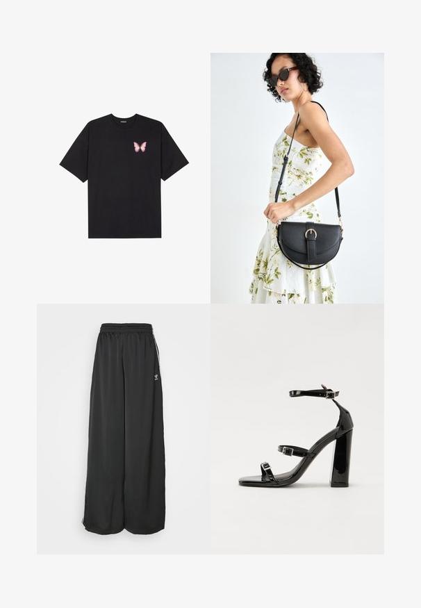 Černé bavlněné tričko s krátkým rukávem, na levém prsou s malou grafikou růžové motýlky. Design s kruhovým výstřihem a volným střihem.; Černé volné sportovní kalhoty vyrobené z hladké tkaniny. Mají elastický pas a boční pruhy s logem.; Černé lakované sandály na vysokém podpatku se dvěma pásky se sponami, čtvercovou špičkou a robustním blokovým podpatkem, s hladkou, lesklou texturou.; Černá kožená kabelka s křivkovým tvarem, odnímatelným popruhem a zlatými detaily. Kabelka má klopu s přezkou.