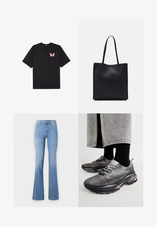 Svart bomulls T-skjorte med korte ermer, med en liten rosa sommerfugl grafikk på venstre bryst. Crew-neck design med en avslappet passform.; Lyseblå flagrende jeans med mid-rise liv, klassisk fem-lomme design, og subtile falming langs bena. Denim tekstur.; Sorte og grå treningssko har en mesh-overdel, tykke såler og snøring. De har en rund tå og synlige dempe detaljer.; Svart lær tote bag med glatt tekstur, rektangulær form og to lange håndtak. Ingen synlige deler eller dekorasjoner.