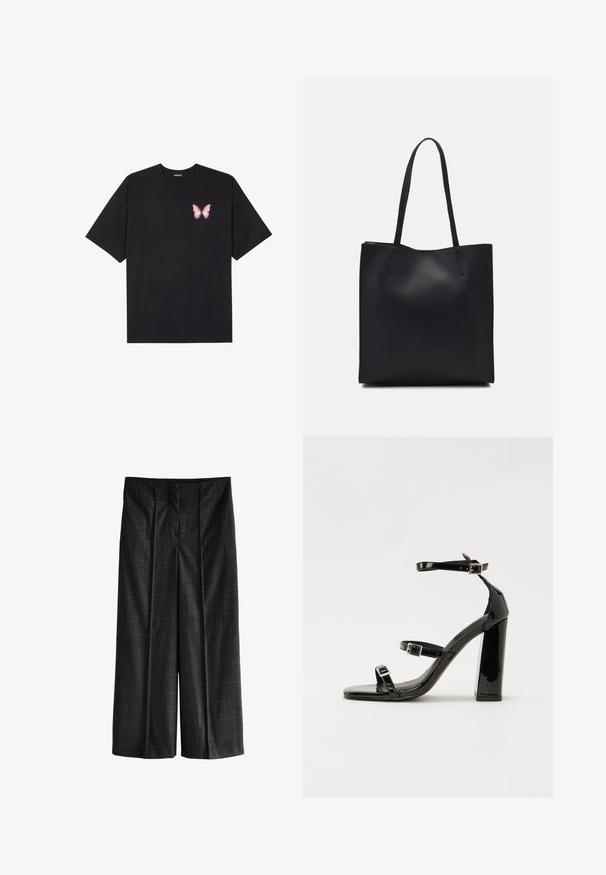 Black cotton t-shirt with short sleeves, featuring a small pink butterfly graphic on the left chest. Crew neck design with a relaxed fit.; Checkered wide-leg trousers in dark gray with subtle green and brown accents. Features front pleats and a fitted waistband.; Black patent heeled sandals with a square toe, ankle straps, and silver buckles. Features a chunky block heel for stability.; Black leather tote bag with smooth texture, rectangular shape, and two long handles. No visible hardware or embellishments.