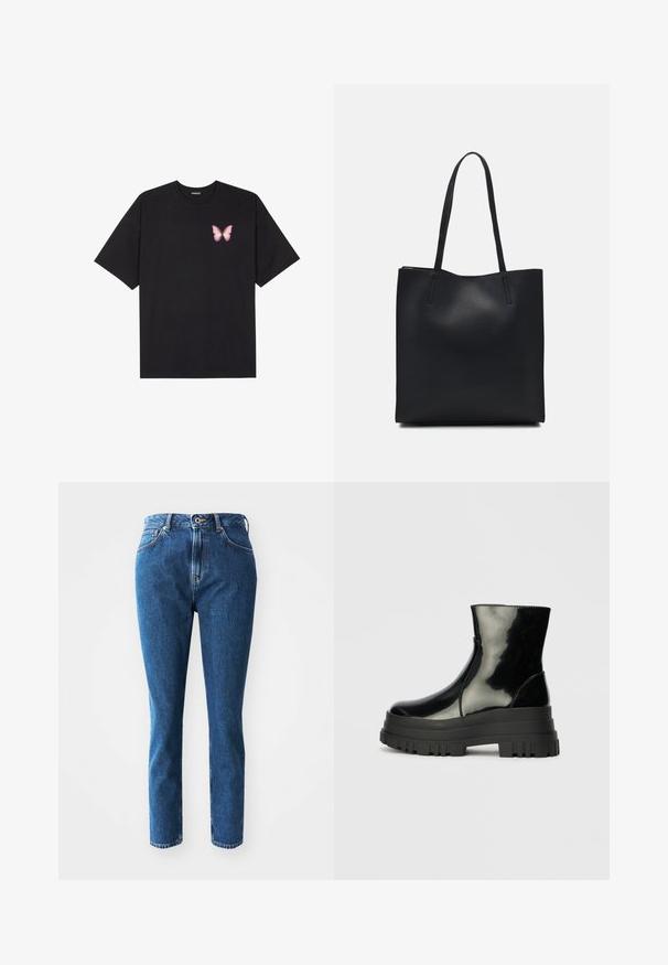 Črna bombažna majica s kratkimi rokavi, ki ima majhen roza metuljček na levi strani prsnega dela. Majica s krožnim ovratnikom in sproščenim krojem.; Modre jeans hlače z ravnim krojem, visokim pasom in subtilnim kontrastnim šivanjem. Tkanina ima gladko teksturo.; Črne sijajne gležnjarje z debelim profilom podplata in zaobljenim nosom, stranski pogled na enostavni svetlo sivi ozadju.; Črna usnjena torba s svilnato teksturo, pravokotne oblike in dvema dolgima ročajema. Brez vidnih metalnih delov ali okrasnih elementov.