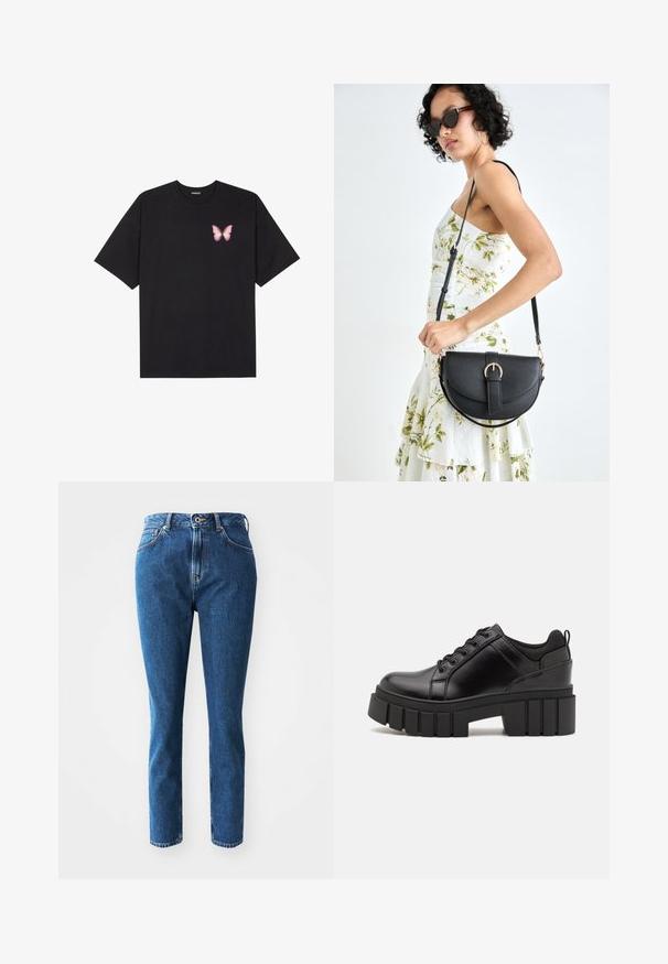 Svart bomullströja med korta ärmar, med en liten rosa fjärilsgrafik på vänster bröst. Rundad halsdesign med en avslappnad passform.; Blå denimjeans med rak bendesign, hög midja och subtil kontrastsöm. Tyget har en slät textur.; Svarta läderplattformsskor med en kraftig blockklack, rund tå och traditionell snörningsdesign. Har en slät textur och minimal detaljering.; Svart läderhandväska med en böjd form, avtagbar rem och guldiga detaljer. Väskan har ett lock med en spänndetalj.