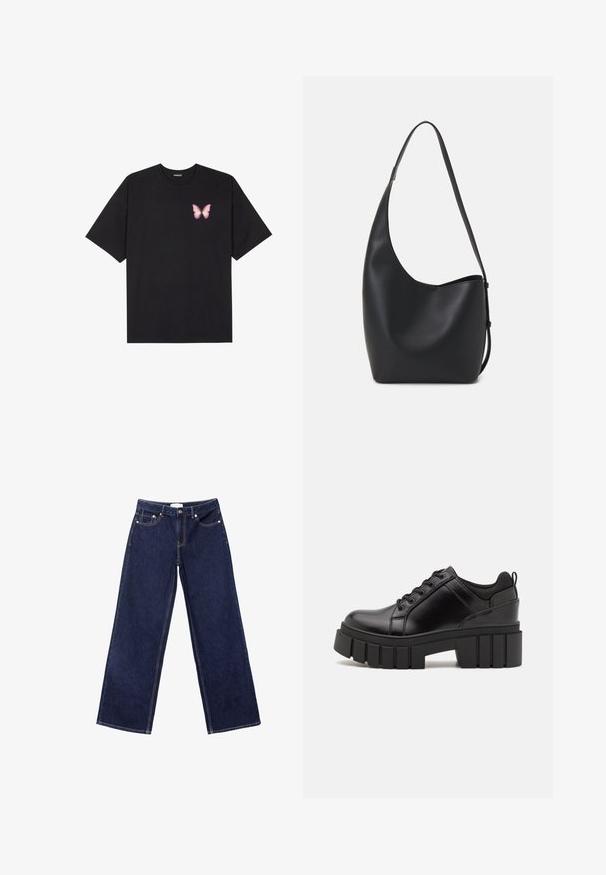 T-shirt nera in cotone con maniche corte, caratterizzata da una piccola grafica di una farfalla rosa sul lato sinistro del petto. Design a girocollo con una vestibilità rilassata.; Jeans a gamba larga di denim blu scuro, con cuciture a contrasto, design a cinque tasche e chiusura con bottoni.; Scarpe platform in pelle nera con tacco a blocco robusto, punta rotonda e design tradizionale con lacci. Presentano una superficie liscia e dettagli minimi.; Borsa hobo nera in pelle con una superficie liscia, forma curvata e una singola tracolla regolabile; presenta un'ampia apertura nella parte superiore.