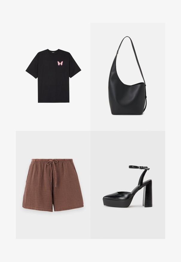 Čierne bavlnené tričko s krátkymi rukávmi, s malým ružovým motýlikom na ľavej hrudi. Design s okrúhlym výstrihom a uvoľneným strihom.; Hnedé bavlnené šortky s textúrovaným, zvrásneným povrchom, elastickým pásom a šnúrkou na stiahnutie. Dĺžka po stred stehien s voľným strihom.; Čierne platformové podpätky so špicatou špičkou a nastaviteľným členkovým remienkom. Vyrobené z hladkej kože a so robustným blokovým podpätkom.; Čierna kožená hobo taška so hladkou textúrou, zakriveným tvarom a jedným nastaviteľným popruhom; má široké otvorenie na vrchu.
