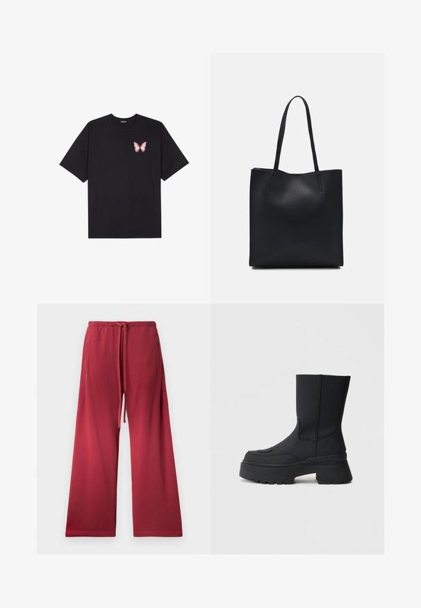Crna pamučna majica s kratkim rukavima, s malim grafičkim prikazom ružičaste vjetricaste s desne strane na prsima. Dizajn s okruglim izrezom i opuštenim krojem.; Crvene široke hlače od mekog materijala, s elastičnim pojasom i vezicom, te bočnim džepovima za praktičnost.; Crne gležnjače s debelim platformama, izrađene od glatkog sintetičkog materijala. Sadrže detalje šivanja i logo na strani.; Crna kožna torba za nošenje s glatkom teksturom, pravokutnim oblikom i dvije duge ručke. Nema vidljivih metalnih dijelova ili ukrasa.