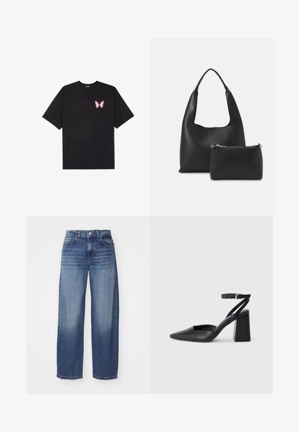 T-shirt de algodão preto com mangas curtas, apresentando um pequeno gráfico de borboleta rosa no lado esquerdo do peito. Design de gola redonda com um corte solto.; Calças de ganga de perna larga em um tom de azul médio. Apresenta cinco bolsos, costuras em contraste e um fecho de botão. Textura suave com barra desfiada.; Sandal com biqueira afilada em couro preto, com cinta no tornozelo e salto grosso. Textura lisa, design elegante e estética minimalista.; Even&Odd Mala de mão - black