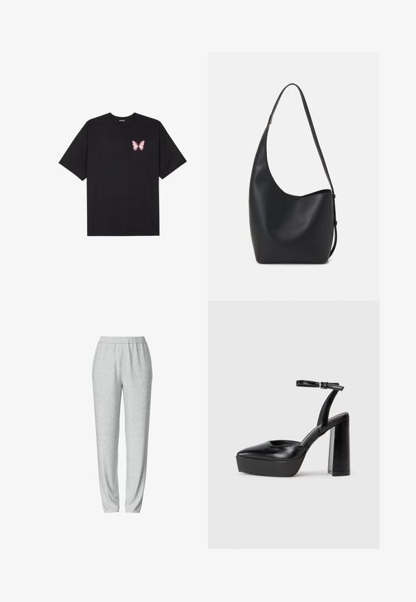 Juodas medvilnės marškinėliai trumpomis rankovėmis, su maža rožine drugelio grafika kairėje krūtinės pusėje. Apvalus kaklo iškirpimas, laisvas kirpimas.; Pilki sportiniai džinsai su elastine juostele, siaurėjantis kojų dizainas, minkšta tekstūra ir be matomų raštų ar metalo detalių.; Juodi platforminiai aukšti kulniukai su smailiu kojų pirštu ir reguliuojamu kulkšnies dirželiu. Pagaminti iš lygaus odos, turi masyvų blokinį kulną.; Juodas odinis hobo maišas su lygiu paviršiumi, kreipta forma ir viena reguliuojama rankena; turi platų atidarymą viršuje.