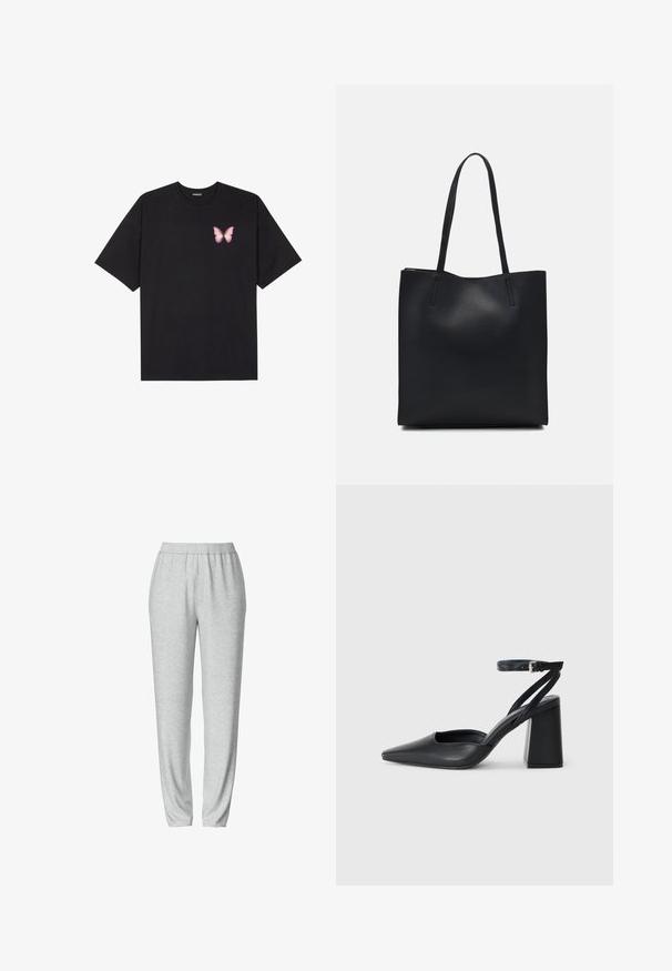 Melna kokvilnas T-krekls ar īsām piedurknēm, kuram priekšā kreisajā pusē ir neliels rozā tauriņa grafiskais attēls. Ar apaļu kaklu un brīvā stila piegriezumu.; Pelēki svārki ar elastīgu jostu, pieguļoša kāju dizaina, mīksta tekstūra un bez redzamām rakstu vai aparatūras detaļām.; Melna ādas augstpapēžu kurpe ar norakstīto purngala formu, potītes siksniņu un masīlu papēdi. Gluda tekstūra, elegants dizains un minimālisma estētika.; Melnas ādas somiņa ar gludu tekstūru, taisnstūra formu un divām garām rokturiem. Nav redzamu aparatūras vai rotājumu.