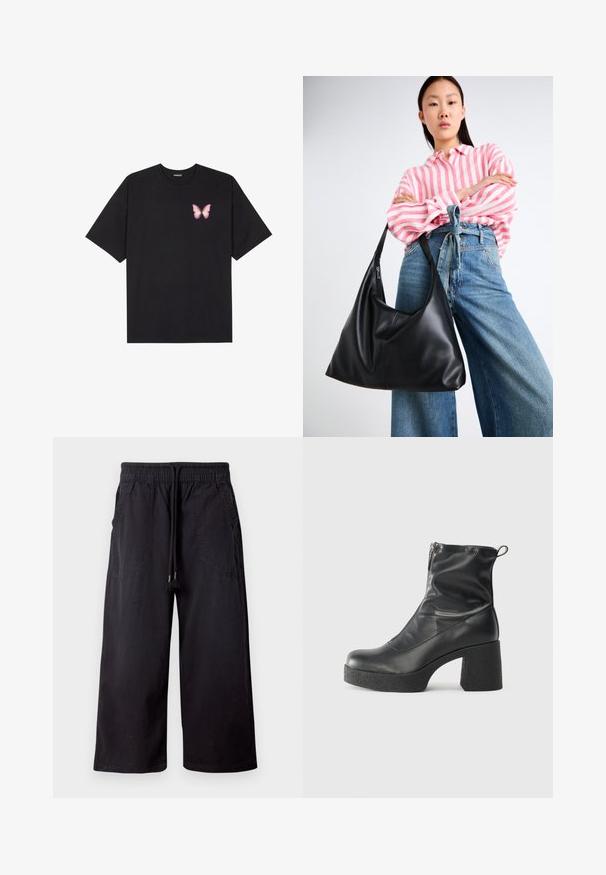 T-shirt de algodão preto com mangas curtas, apresentando um pequeno gráfico de borboleta rosa no lado esquerdo do peito. Design de gola redonda com um corte solto.; Calças largas pretas feitas de algodão, com um cós elástico com cordão, dois bolsos laterais e uma textura suave e mate.; Botas de tornozelo pretas feitas de couro liso, com fecho lateral, salto grosso texturizado e design de bico arredondado.; Bolsa de ombro em couro preto com uma forma descontraída e detalhes costurados. O modelo usa uma camisa listrada em rosa e branco com jeans de perna larga azul.