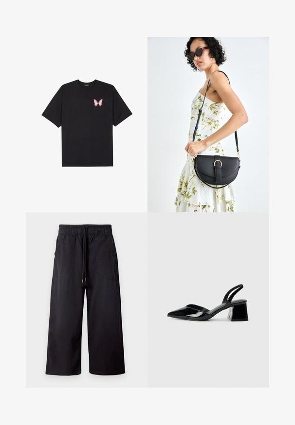 Fekete pamut póló rövid ujjakkal, bal mellkason egy kis rózsaszín pillangó grafikával. Kerek nyakú kialakítás, laza fazonnal.; Fekete, bő szárú pamut nadrág, rugalmas derékkal és húzózsinórral, két oldalzsebbel és sima, matt felülettel.; Fekete lakk bőr szandálkés magas sarkú cipő, hegyes orral és geometrikus tömbsarkakkal. Karcsú, minimalista dizájn és sima textúra jellemzi.; Fekete bőrtáska ívelt formával, levehető pánttal és arany színű fémrészekkel. A táskán egy csattal díszített fedél található.