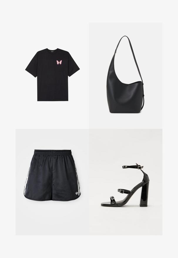 Melna kokvilnas T-krekls ar īsām piedurknēm, kuram priekšā kreisajā pusē ir neliels rozā tauriņa grafiskais attēls. Ar apaļu kaklu un brīvā stila piegriezumu.; Melni sporta šorti ar elastīgu jostasvietu, baltām trīs svītru akcentiem sānos un mazu logo apakšējā malā.; Melni lakoti augstpapēžu sandales ar divām sprādzēm, kvadrātveida purngalu un masīvu papēdi, ar gludu, spīdīgu virsmu.; Melnas ādas hobo soma ar gludu tekstūru, izliekta forma un vienu regulējamu jostu; augšā ir plaša atvere.