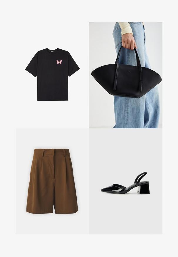 Svart bomullströja med korta ärmar, med en liten rosa fjärilsgrafik på vänster bröst. Rundad halsdesign med en avslappnad passform.; VILA VIEMLA - Shorts - dachshund; Svarta lackläder slingback klackar med spetsig tå och geometrisk klack. Har en elegant, minimalistisk design och slät yta.; Svart läderhandväska med en unik fläktform, som har platta handtag. Ytan har en pebblad textur och en minimalistisk design.