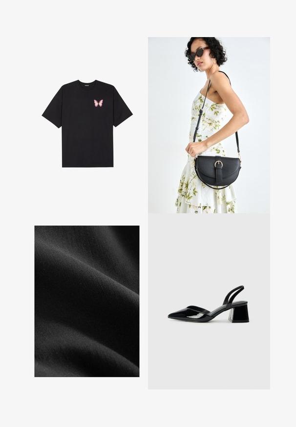 Black cotton t-shirt with short sleeves, featuring a small pink butterfly graphic on the left chest. Crew neck design with a relaxed fit.; Black fabric with a smooth, matte texture, showing subtle variations in shade and fiber, draped to reveal soft curves and depth.; Black patent leather slingback heels with a pointed toe and a geometric block heel. Features a sleek, minimal design and smooth texture.; Black leather handbag with a curved shape, detachable strap, and gold hardware. The bag features a flap with a buckle detail.