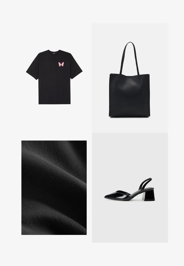 Camiseta de algodón negra de manga corta, con un pequeño gráfico de mariposa rosa en el lado izquierdo del pecho. Diseño de cuello redondo con un corte relajado.; Tela negra con una textura suave y mate, mostrando sutiles variaciones en el tono y la fibra, drapeada para revelar suaves curvas y profundidad.; Zapatos de tacón slingback de charol negro con punta afilada y tacón geométrico en bloque. Presentan un diseño elegante y minimalista, así como una textura suave.; Bolso tote de cuero negro con textura lisa, forma rectangular y dos asas largas. Sin herrajes ni adornos visibles.