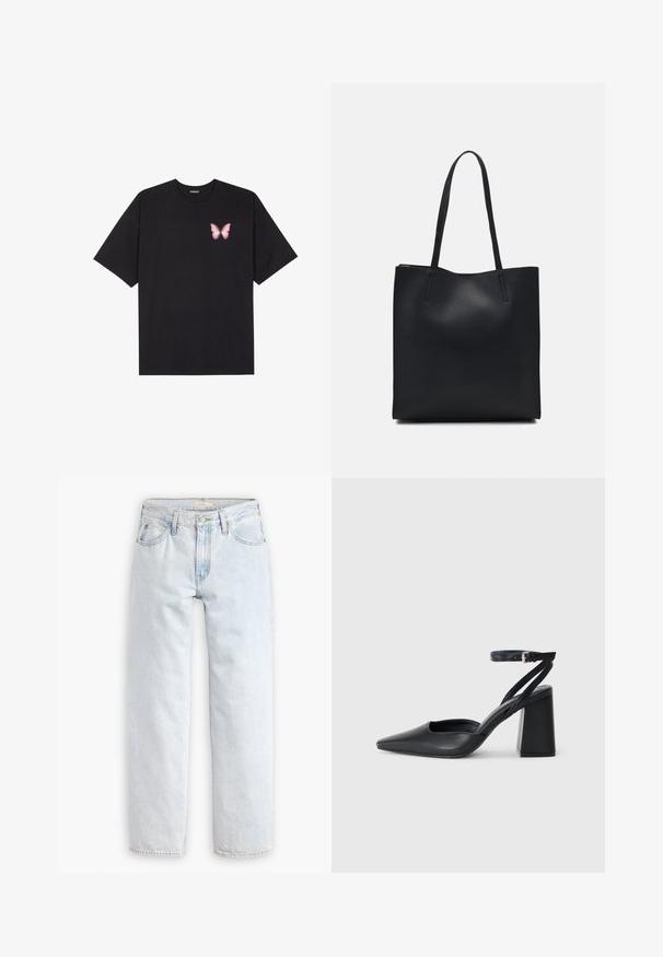 Crna pamučna majica s kratkim rukavima, s malim grafičkim prikazom ružičaste vjetricaste s desne strane na prsima. Dizajn s okruglim izrezom i opuštenim krojem.; Svijetloplave traperice ravnog kroja s visokim strukom, s pet džepova, prednjim kopčanjem na gumb i vidljivim šavnim detaljima.; Crne kožne cipele s špicastim vrhom, remenom oko gležnja i debelim potplatom. Ravna tekstura, elegantan dizajn i minimalistička estetika.; Crna kožna torba za nošenje s glatkom teksturom, pravokutnim oblikom i dvije duge ručke. Nema vidljivih metalnih dijelova ili ukrasa.