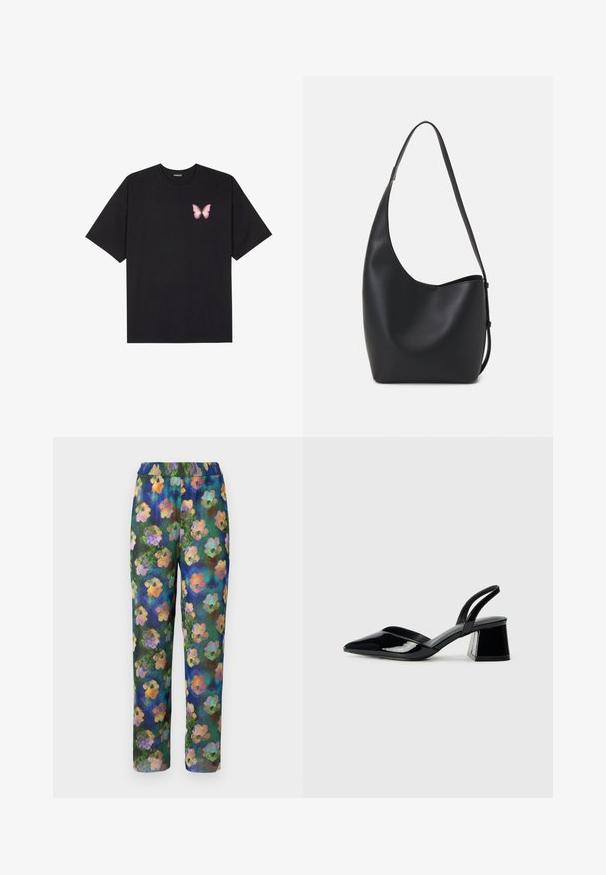 Black cotton t-shirt with short sleeves, featuring a small pink butterfly graphic on the left chest. Crew neck design with a relaxed fit.; Floral print pants featuring a ribbed texture, elastic waistband, and a green, blue background with colorful flower patterns throughout.; Black patent leather slingback heels with a pointed toe and a geometric block heel. Features a sleek, minimal design and smooth texture.; Black leather hobo bag with a smooth texture, curved shape, and single adjustable strap; features a wide opening at the top.