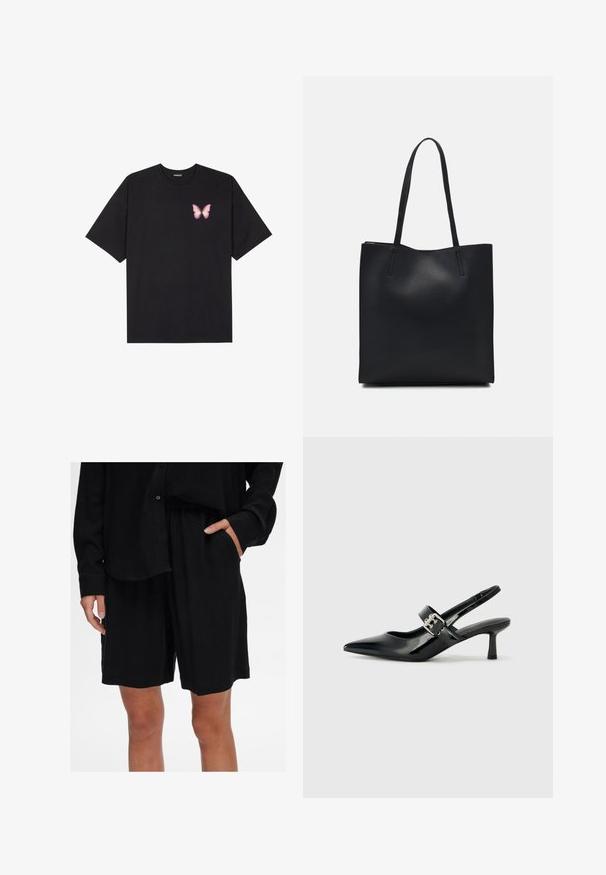 Fekete pamut póló rövid ujjakkal, bal mellkason egy kis rózsaszín pillangó grafikával. Kerek nyakú kialakítás, laza fazonnal.; Fekete, laza szabású, puha anyagból készült rövidnadrág elasztikus derékrésszel és oldzsebekkel; egy hozzáillő gombos inggel párosítva.; Fekete lakkbőr slingback sarkú cipők hegyes orral és kis blokk talppal, ezüst csat díszítéssel a pánton.; Fekete bőrtáska sima felszínnel, téglalap alakú, két hosszú füllel. Nincs látható fémkiegészítő vagy díszítés.