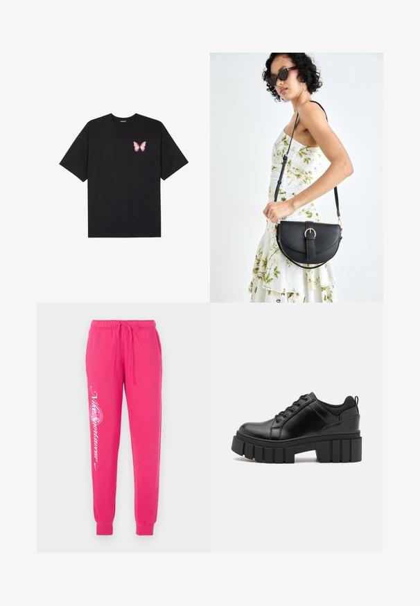 T-shirt de algodão preto com mangas curtas, apresentando um pequeno gráfico de borboleta rosa no lado esquerdo do peito. Design de gola redonda com um corte solto.; Calças de moletom cor-de-rosa feitas de um tecido macio, com um fecho de cordão na cintura, punhos em forma tapered, e texto gráfico branco na perna esquerda.; Sapatos de plataforma em couro preto com um salto bloco robusto, bico redondo e design clássico de atacadores. Apresentam uma textura suave e detalhes mínimos.; Bolsa de couro preta com forma curva, alça destacável e detalhes em dourado. A bolsa possui uma aba com detalhe de fivela.